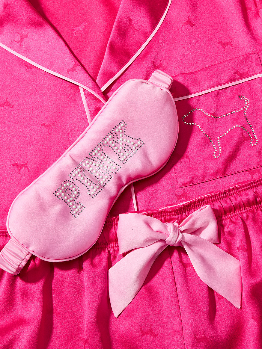 pink | elle 3 piece satin eye mask & short pajama set pink | elle 3 piece satin eye mask & short pajama set