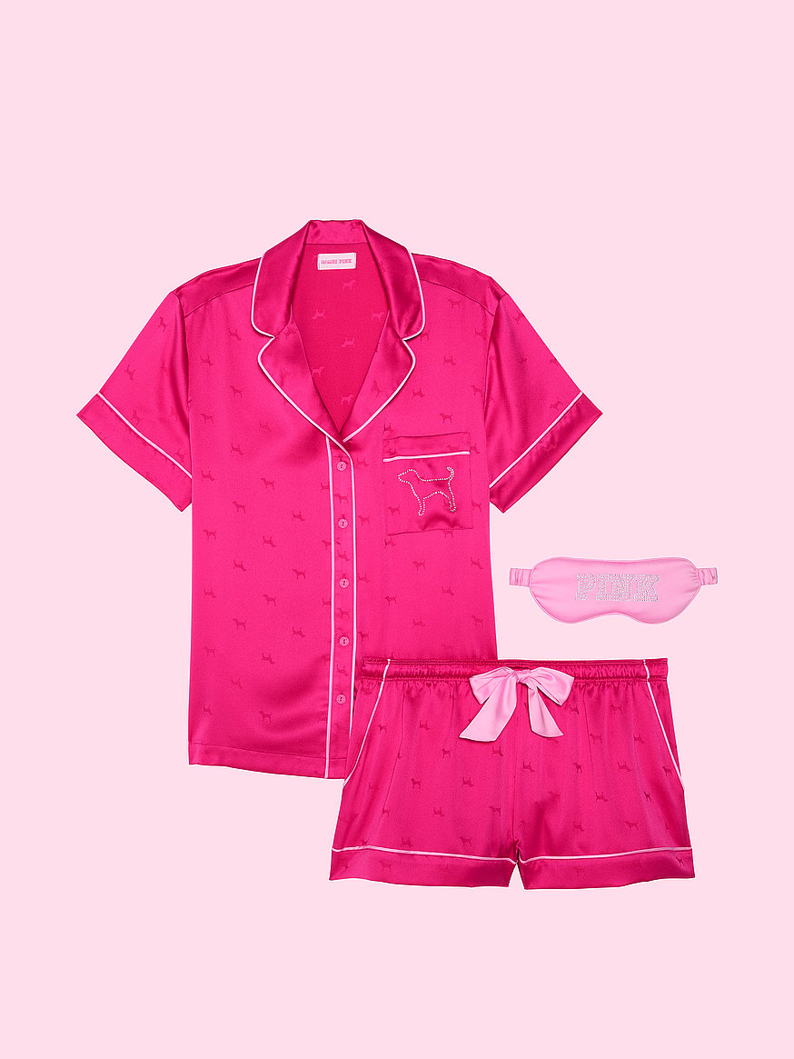 pink | elle 3 piece satin eye mask & short pajama set pink | elle 3 piece satin eye mask & short pajama set