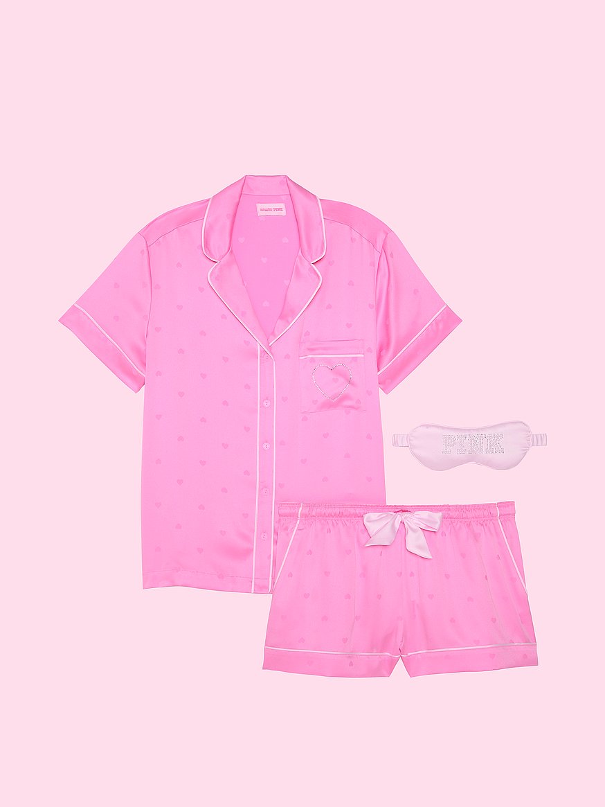 pink | elle 3 piece satin eye mask & short pajama set pink | elle 3 piece satin eye mask & short pajama set