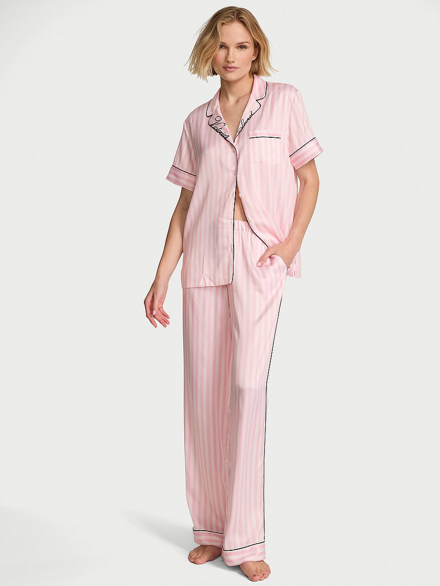 signature satin short sleeve long pajama set signature satin short sleeve long pajama set