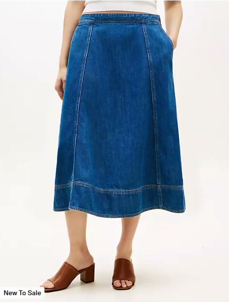 high rise flared denim midi skirt