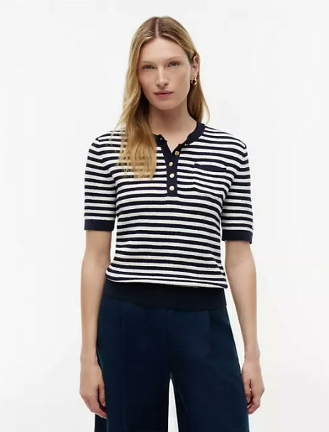 gold button striped henley sweater