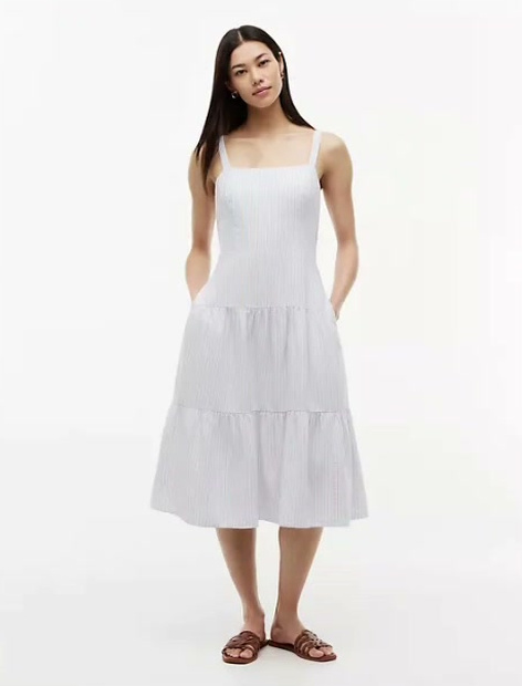 striped tiered linen blend midi dress
