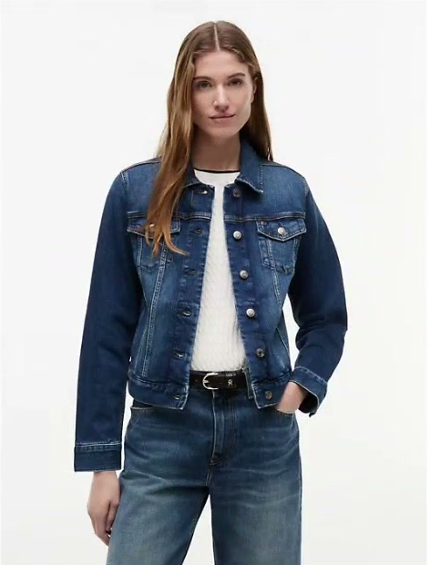 slim fit dark wash stretch denim jacket