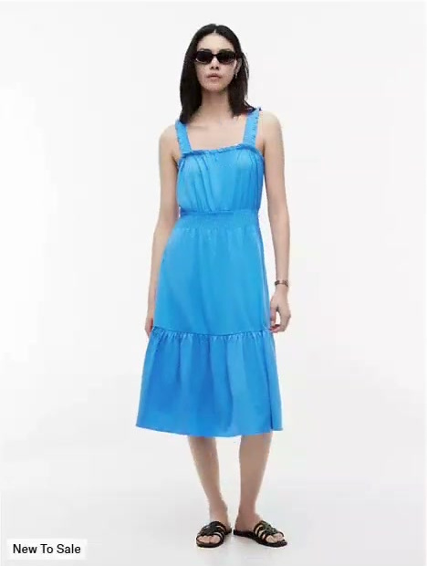 ruffle trim shirred jersey midi dress
