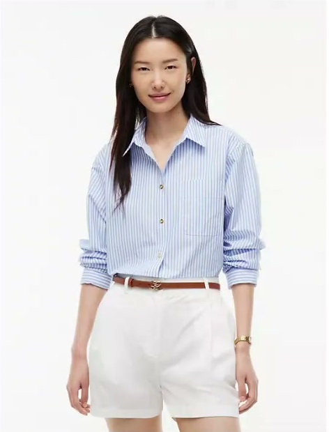boxy fit gold button stripe poplin shirt