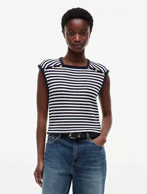 sleeveless gold button striped sweater