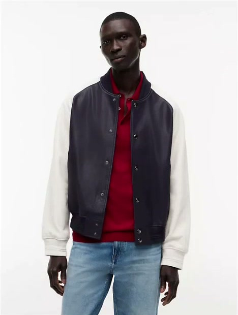 colorblock leather varsity bomber jacket