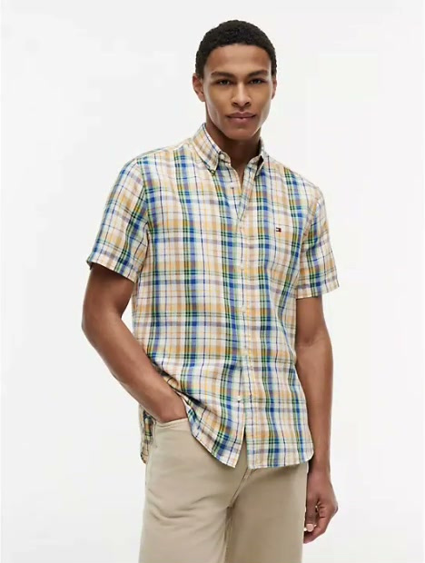 classic fit cotton linen madras shirt