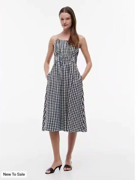 gingham shirred linen blend midi dress