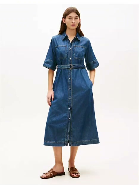 belted denim midi dress