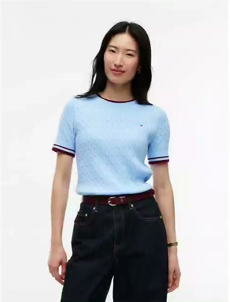 short sleeve cable knit tipped sweater