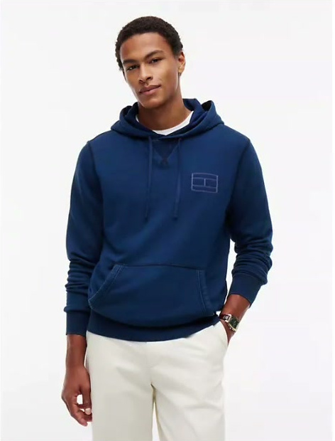 embroidered flag logo indigo dyed hoodie