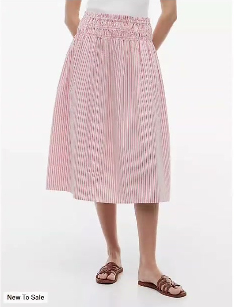 striped shirred poplin midi skirt