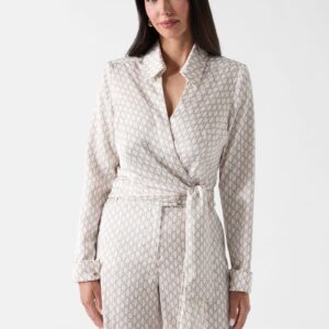 marciano monogram satin wrap blouse