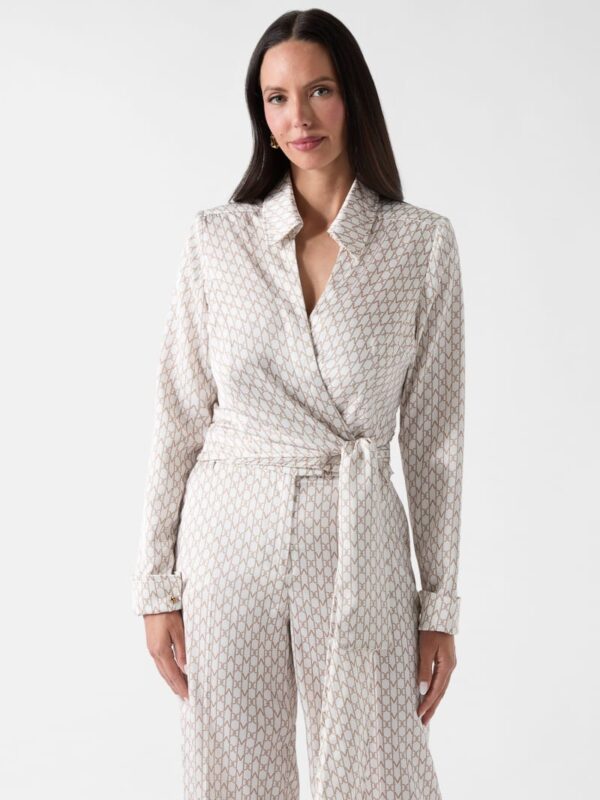 marciano monogram satin wrap blouse