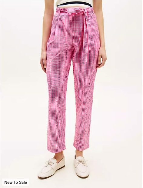 belted gingham seersucker tapered pant