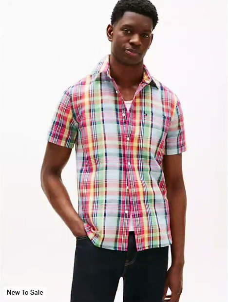 regular fit linen blend madras shirt
