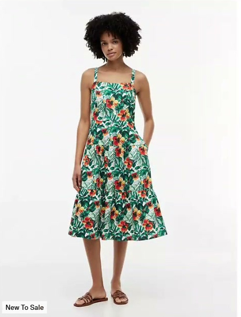 tropical print tiered linen blend dress