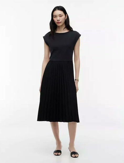 mixed media pleated midi dress