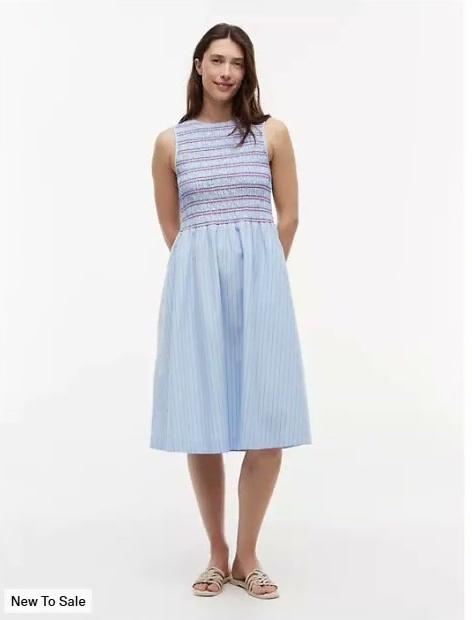 striped shirred poplin midi dress