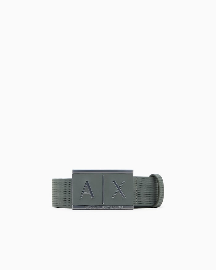 textured leather belt with an embossed logo buckle textured leather belt with an embossed logo buckle