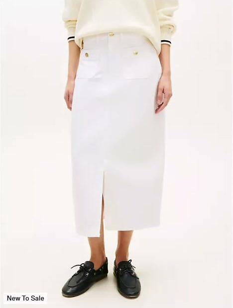 gold button pocket denim midi skirt