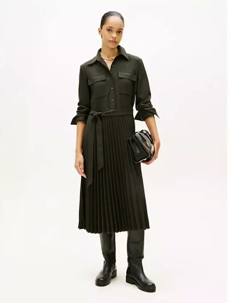 belted pleated twill shirtdress