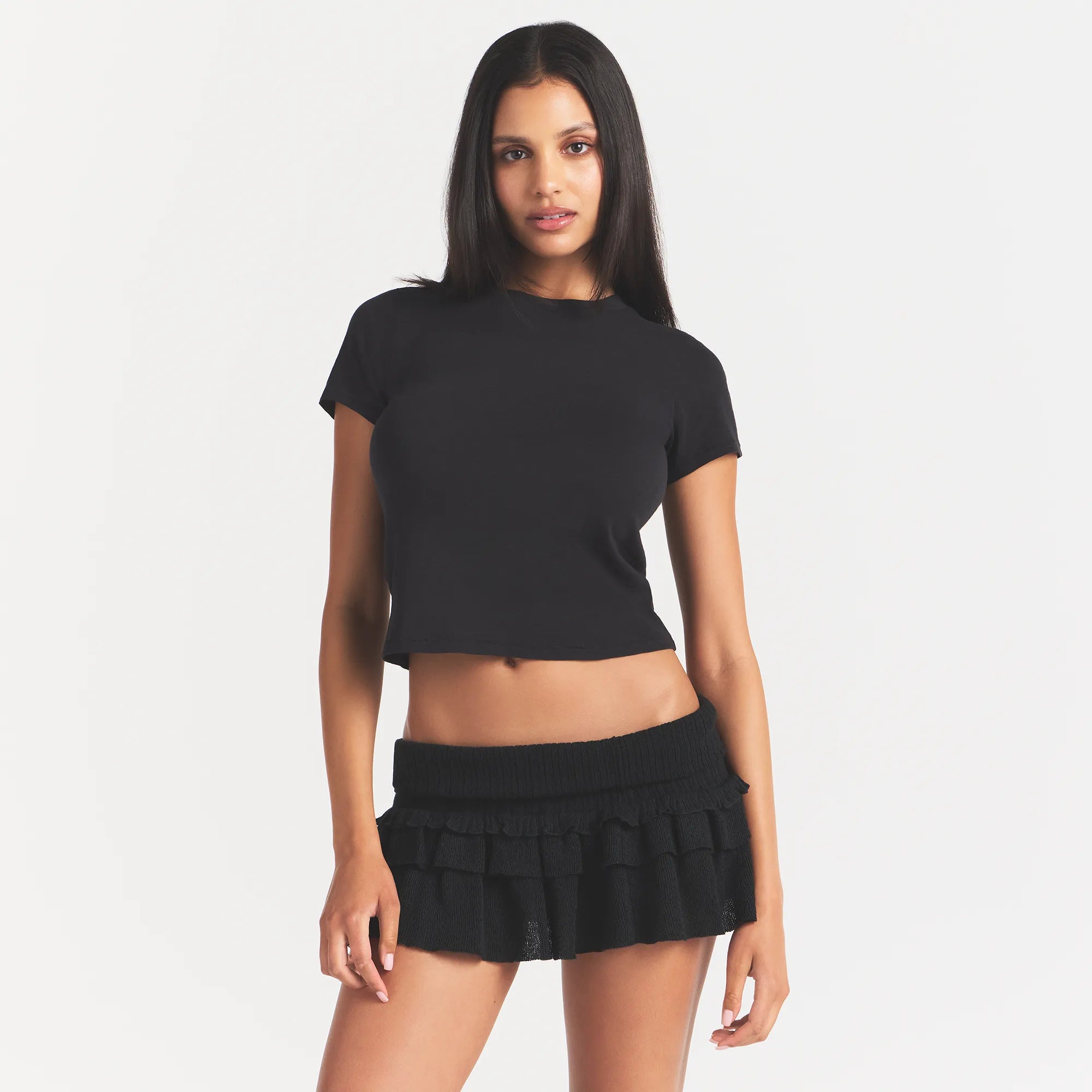 sheer knit ruffle mini skirt sheer knit ruffle mini skirt