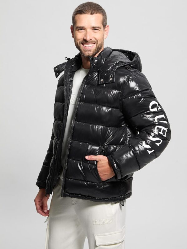 shiny hooded puffer jacket