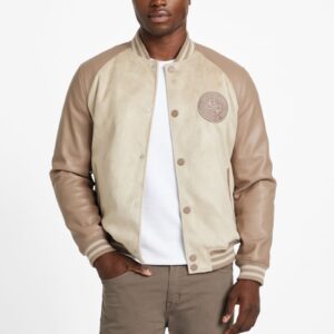 eco faux suede and leather varsity jacket