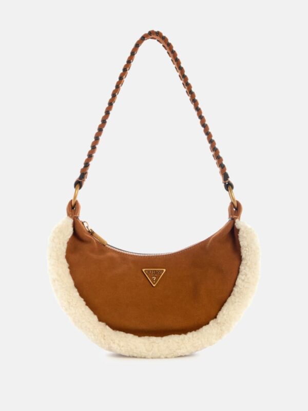 amita suede and shearling trim hobo bag