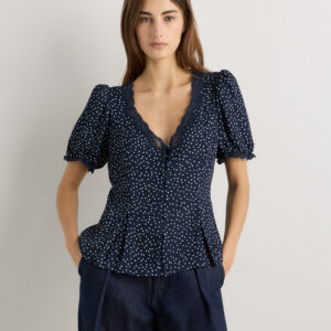 lightweight crepe lace puff sleeve blouse