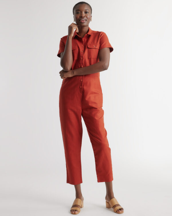 cotton linen twill short sleeve coverall jumpsuit