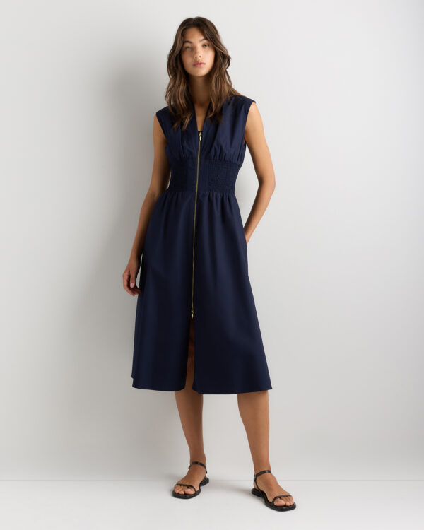 100% organic cotton poplin zip front midi dress