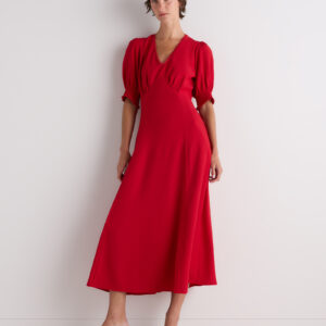 matte crepe puff sleeve midi dress
