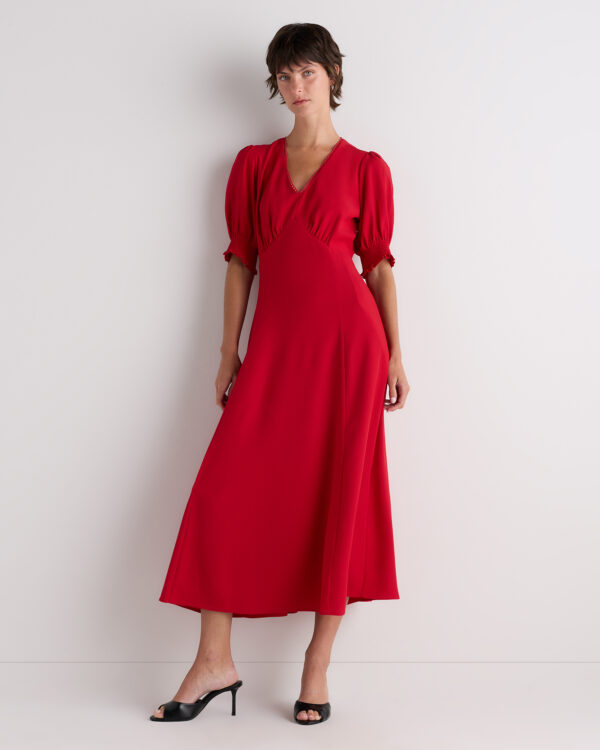 matte crepe puff sleeve midi dress