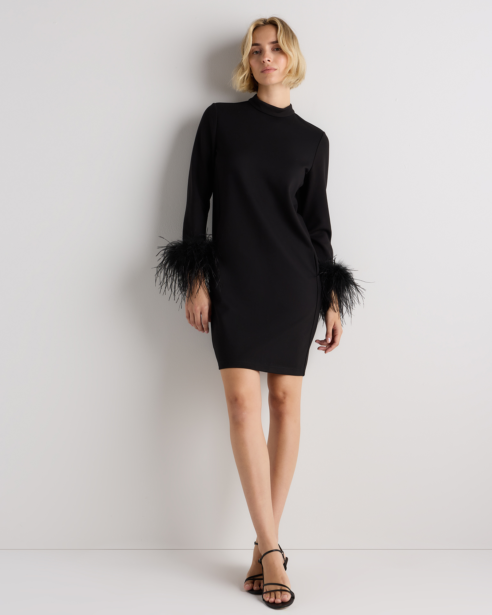ultra stretch ponte feather trim mini dress ultra stretch ponte feather trim mini dress