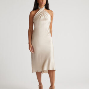 100% washable silk twist halter midi dress