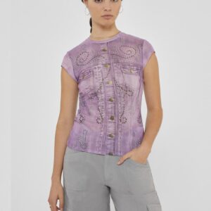 guess originals printed stud and denim mesh top