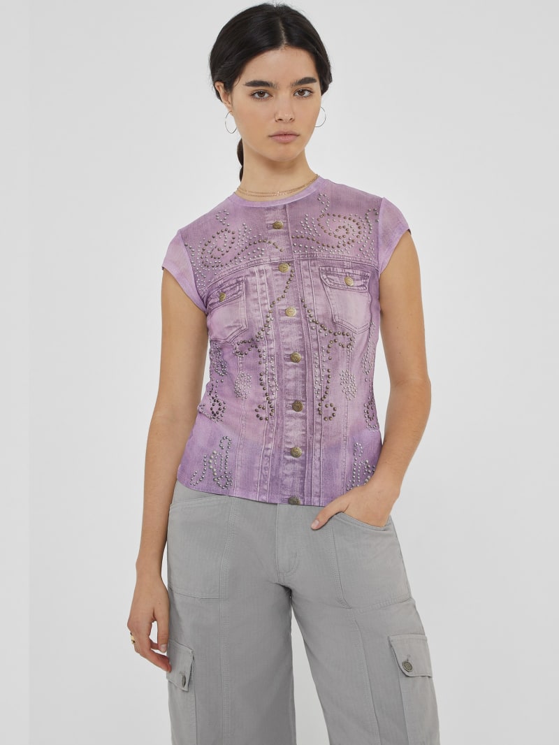 guess originals printed stud and denim mesh top guess originals printed stud and denim mesh top