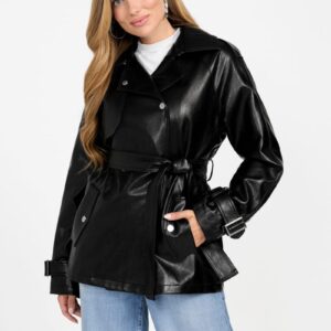 marika faux leather short trench coat