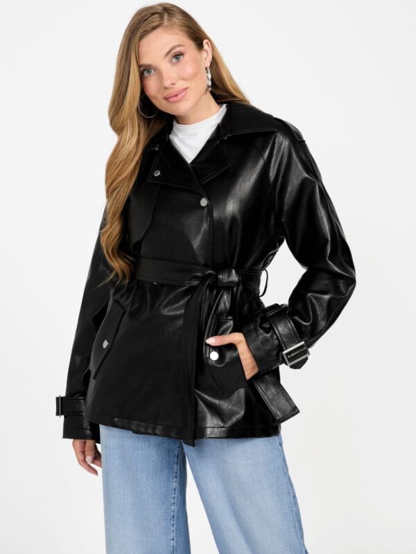 marika faux leather short trench coat