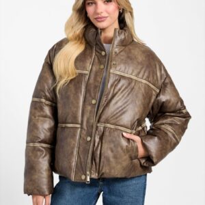 washed faux leather puffer jacket