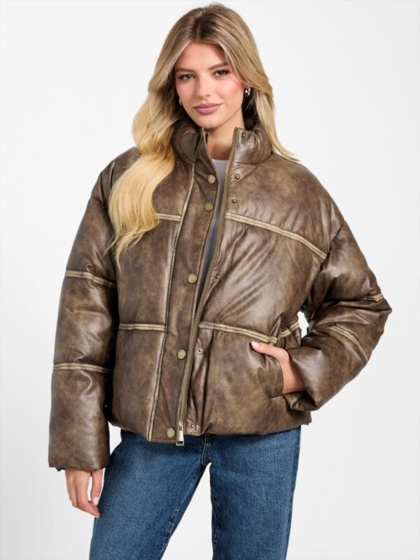 washed faux leather puffer jacket