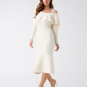 flounced off shoulder knit midi dress