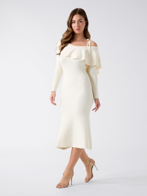 flounced off shoulder knit midi dress