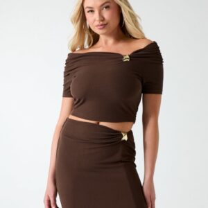 off shoulder draped knit top