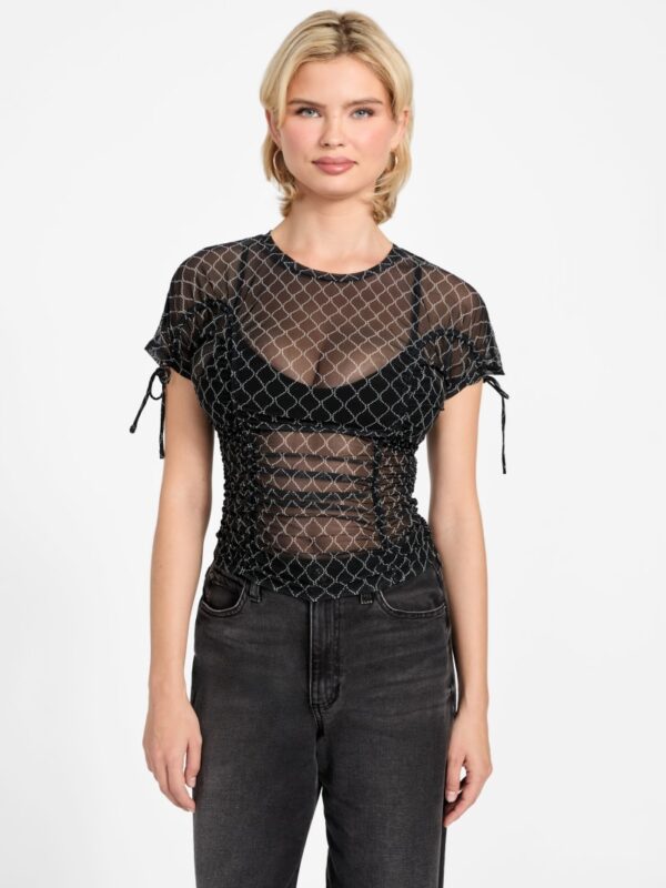 eco rhinestone mesh shirred top