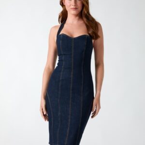 halter neck denim dress